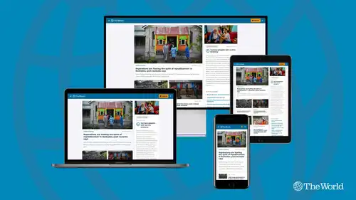 Screenshots of The World's website over a blue background